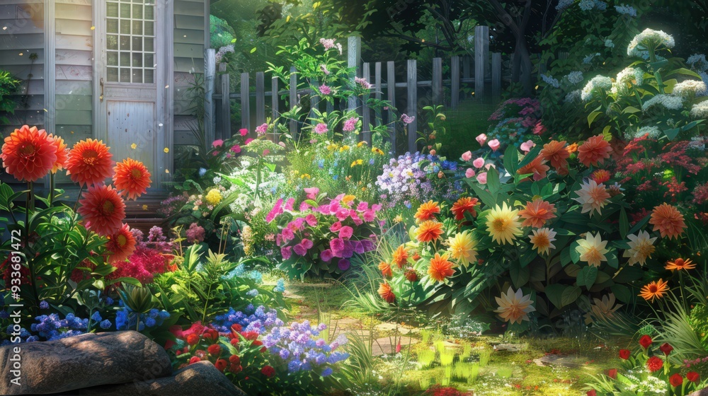 An enchanting flower garden with vibrant dahlias, delicate lilies, and colorful begonias, An enchanting flower garden with vibrant dahlias, delicate lilies, and colorful begonias,
