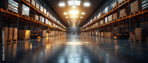 A detailed interior view of a large warehouse, with rows of shelves filled with boxes and industrial lighting casting shadows.