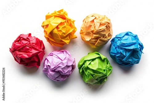 5 colorful crumpled paper ball isolated on white