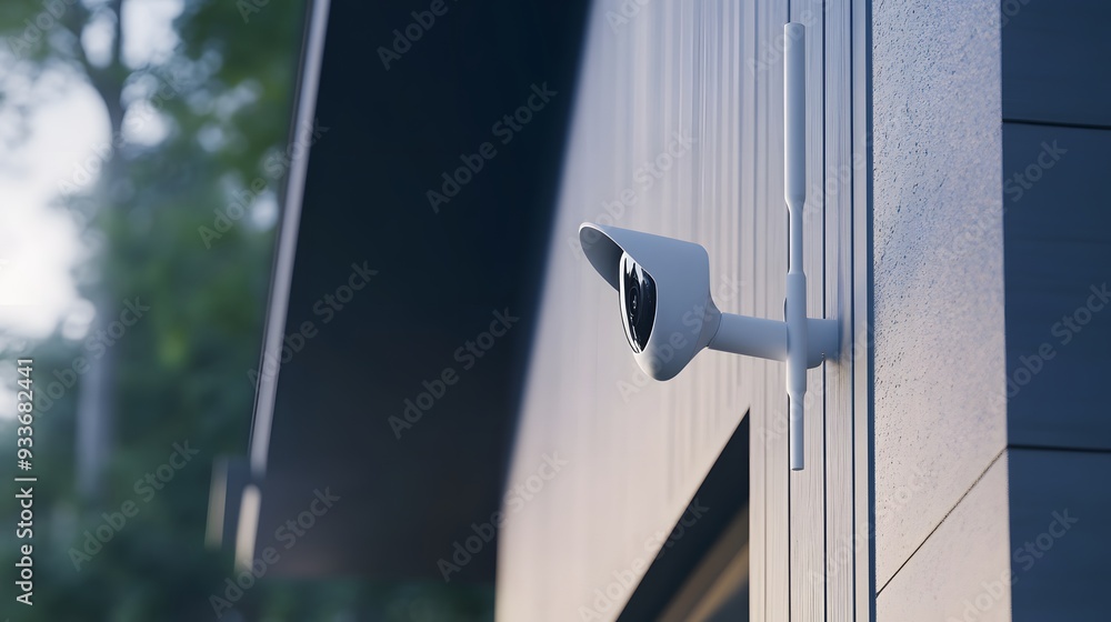 A white security camera is mounted on the outside of a building. A white security camera is mounted on the outside of a building.