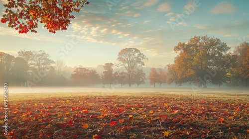 An idyllic autumn morning with a gentle mist rising over a field covered in colorful fallen leaves, photo