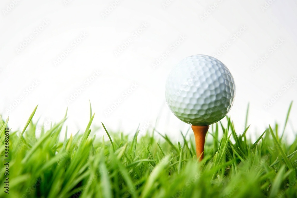 Golfball on tee in green golf field Golfball on tee in green golf field