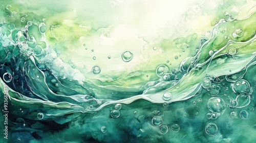Watercolor depiction of green waves and bubbles on the water s surface