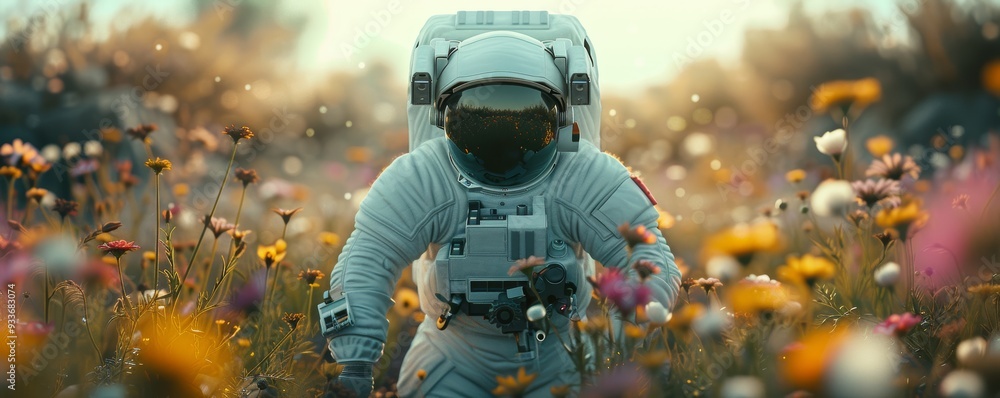 Fototapeta premium Astronaut Exploring a Vibrant Flower Field in Full Space Suit During Daytime