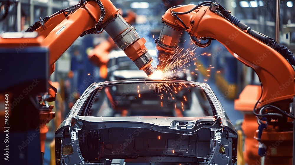 Two orange robotic arms welding a car in a factory. Two orange robotic arms welding a car in a factory.