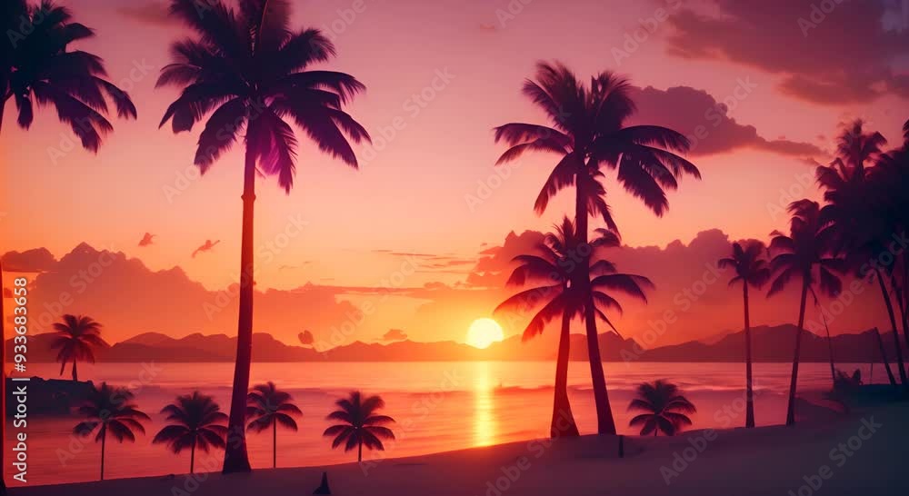 Tropical seaside with palms at sunset 4k animation Tropical seaside with palms at sunset 4k animation
