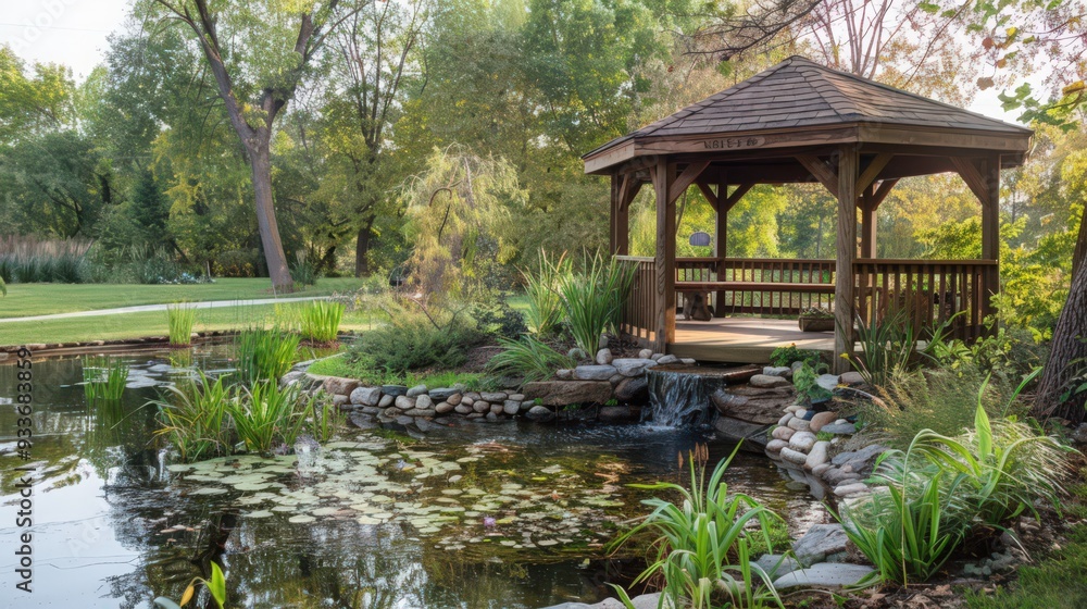An inviting pond with a wooden gazebo nearby, offering a picturesque view of the water An inviting pond with a wooden gazebo nearby, offering a picturesque view of the water