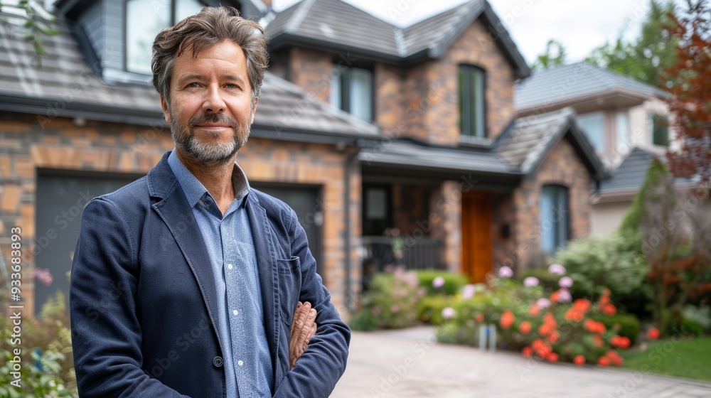 Confident Middle-Aged Man Standing in Front of Modern Brick House with Garden Confident Middle-Aged Man Standing in Front of Modern Brick House with Garden
