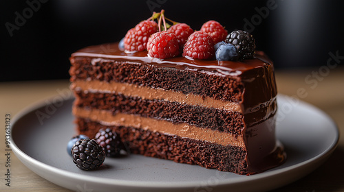 A close-up shot of a decadent chocolate cake slice with rich layers and glossy ganache, garnished with berries.