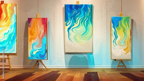 Colorful abstract paintings displayed in an upscale gallery setting photo