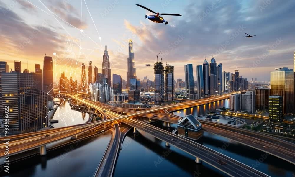 A futuristic cityscape with towering skyscrapers and interconnected highways reflects on a calm body of water at sunset. Flying vehicles traverse the sky, symbolizing advanced technology A futuristic cityscape with towering skyscrapers and interconnected highways reflects on a calm body of water at sunset. Flying vehicles traverse the sky, symbolizing advanced technology