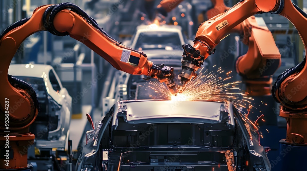 Robotic arms weld a car on an assembly line, sparks fly. Robotic arms weld a car on an assembly line, sparks fly.