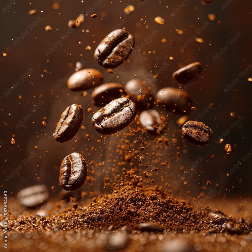 Dynamic Close-Up of Coffee Beans in Mid-Air with Ground Coffee Particles on a Dark Background Dynamic Close-Up of Coffee Beans in Mid-Air with Ground Coffee Particles on a Dark Background