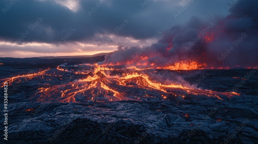 Fototapeta premium Fiery Fury: Spectacular Lava Flow from Erupting Volcano