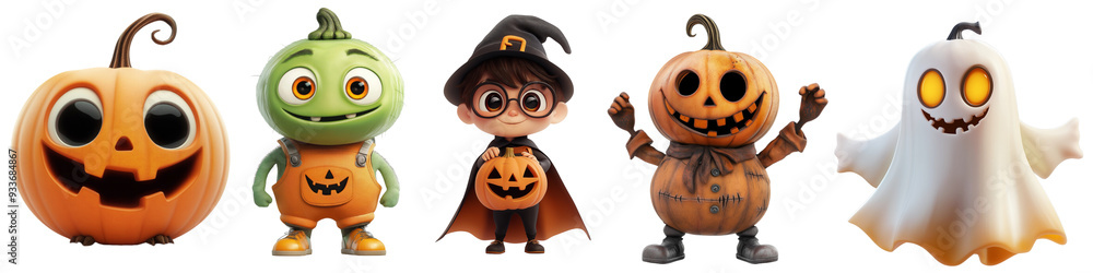 A set of Halloween characters, cute cartoon , 3d, cartoon style, transparent background, png. A set of Halloween characters, cute cartoon , 3d, cartoon style, transparent background, png.