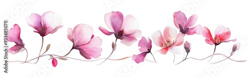Watercolor and ink illustration of cyclamen flowers set against a white background Traditional oriental art style with a wealth themed hieroglyph