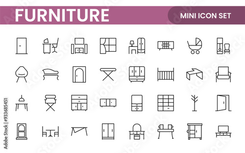 Furniture and home interior elements - thin line web icon set. Outline icons of kitchen, living room, bedroom and office collection.