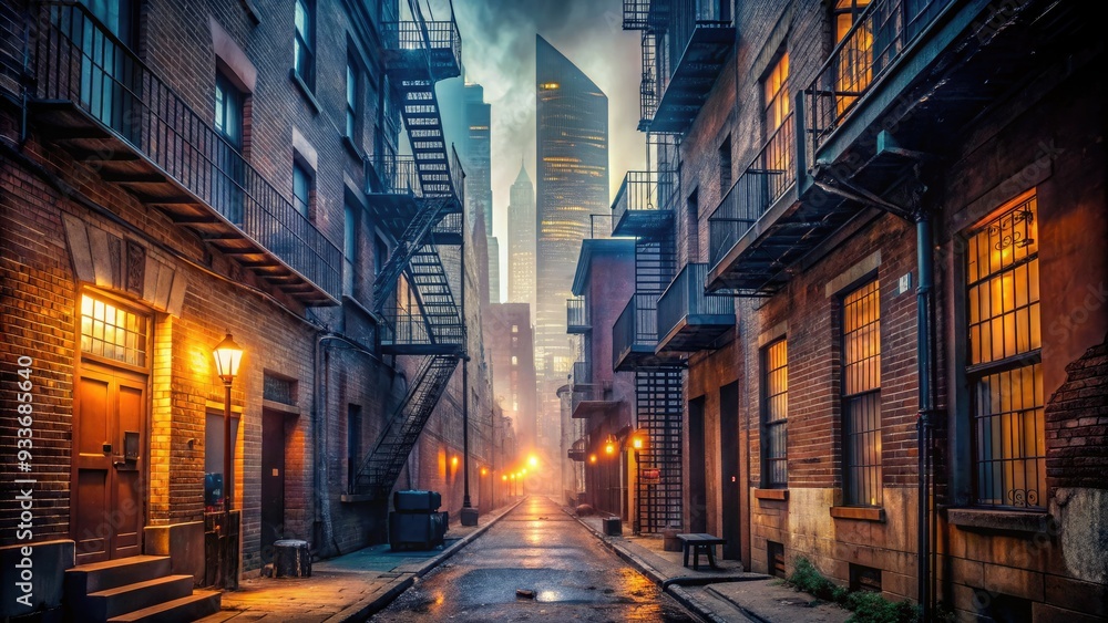 Obraz premium Narrow, dimly lit urban alleyway with worn brick walls, rusty fire escapes, and a glimpse of towering skyscrapers in the misty city background atmosphere.
