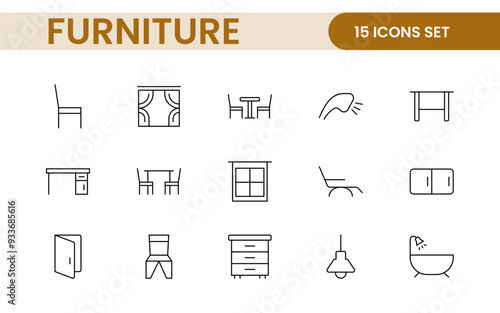 Furniture and home interior elements - thin line web icon set. Outline icons of kitchen, living room, bedroom and office collection.