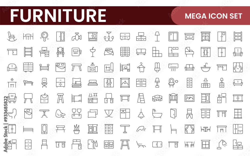 Furniture and home interior elements - thin line web icon set. Outline icons of kitchen, living room, bedroom and office collection. Furniture and home interior elements - thin line web icon set. Outline icons of kitchen, living room, bedroom and office collection.