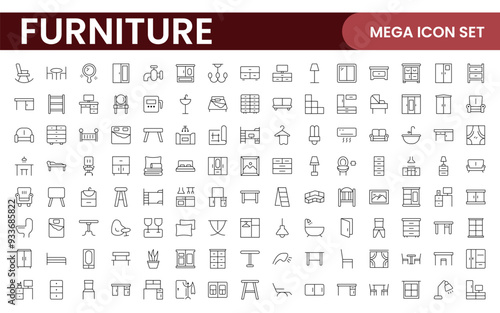 Furniture and home interior elements - thin line web icon set. Outline icons of kitchen, living room, bedroom and office collection.