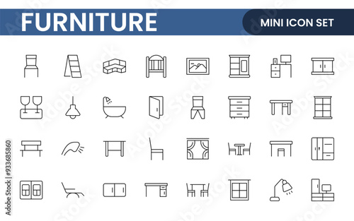 Furniture and home interior elements - thin line web icon set. Outline icons of kitchen, living room, bedroom and office collection.