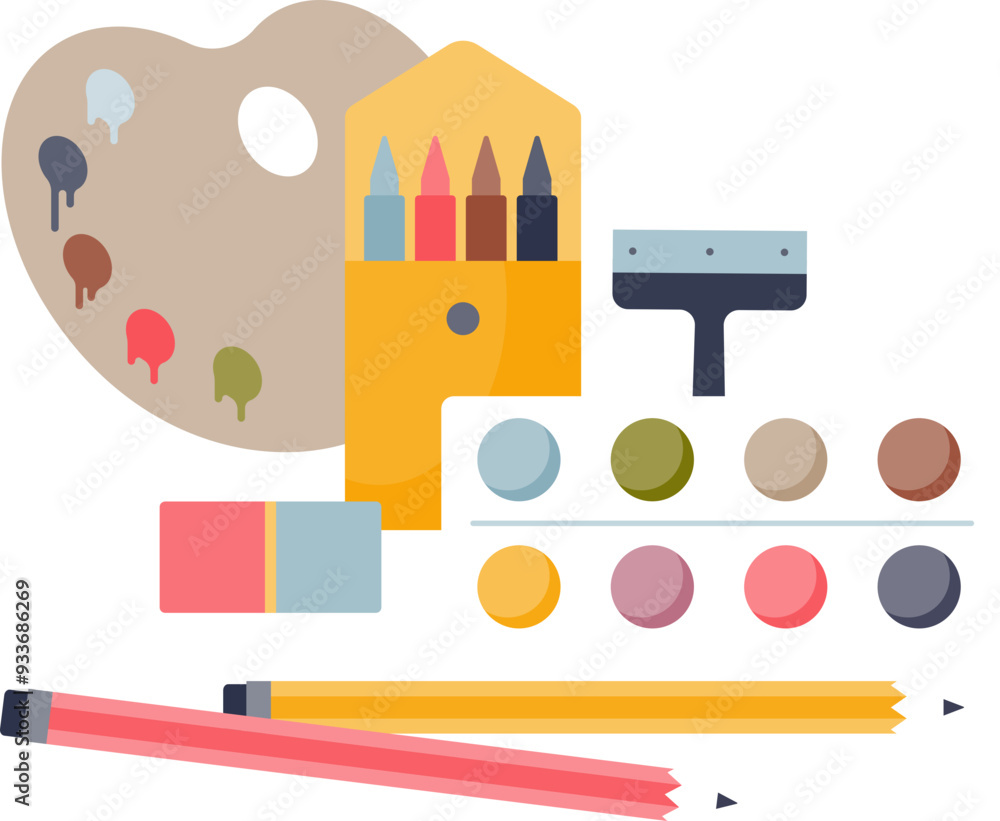 Obraz premium Colorful art supplies with palette, crayons, eraser, squeegee, and pencils symbolizing creativity.