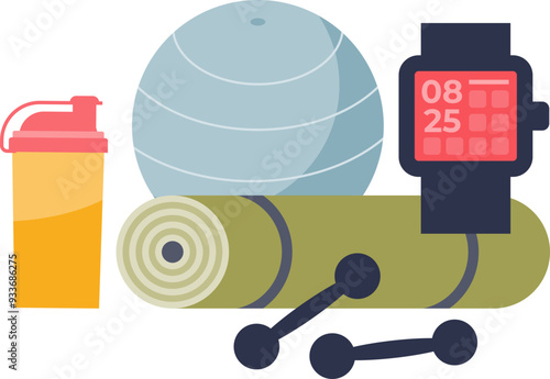 Assorted fitness gear including a yoga mat, dumbbells, exercise ball, water bottle, and smartwatch.
