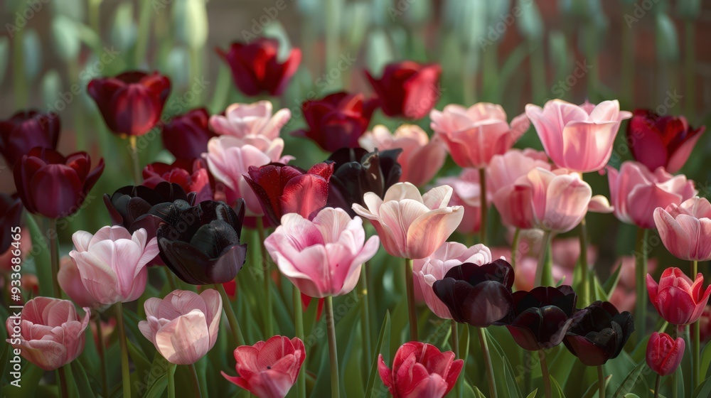 Beautiful arrangement of tulips in various colors, from deep red to pastel pink, forming a stunning display in a springtime garden. Beautiful arrangement of tulips in various colors, from deep red to pastel pink, forming a stunning display in a springtime garden.