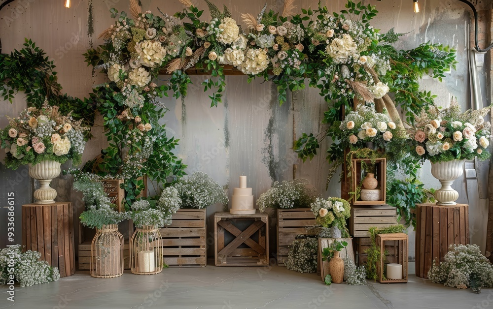 Obraz premium Rustic Wedding Arch with Floral Arrangements and Wooden Crates in a Vintage Setting