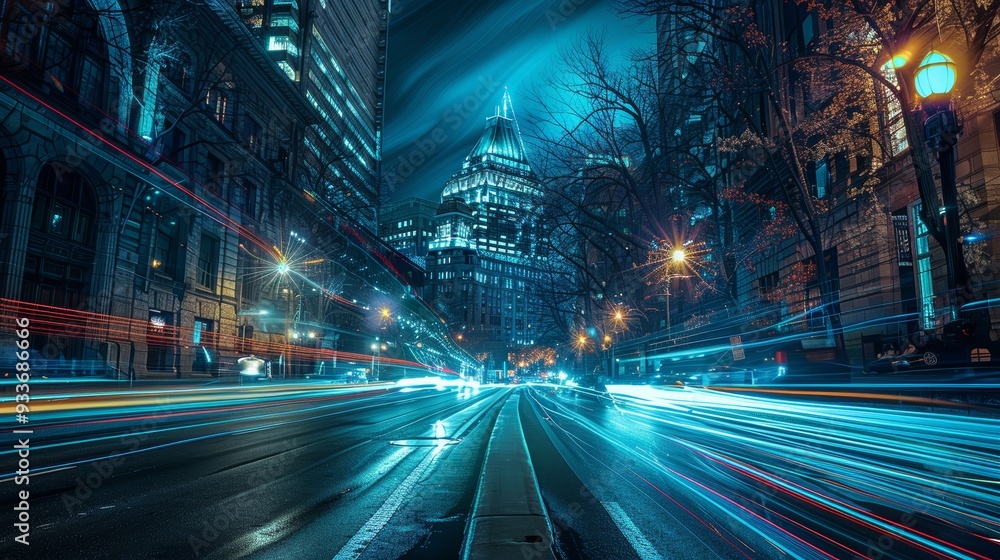 Obraz premium Vibrant Night Cityscape with Light Trails and Modern Skyscrapers Illuminated by Streetlights