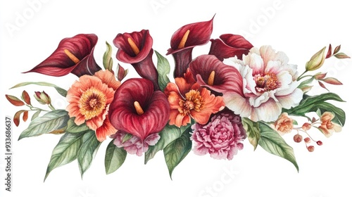 Red Calla lilies and peonies floral arrangement in watercolor