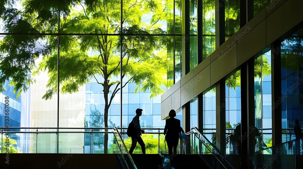 Silhouettes of two people walking past a large window overlooking a tree. Silhouettes of two people walking past a large window overlooking a tree.