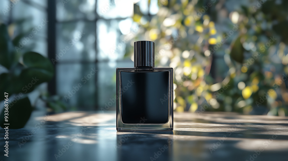 A sleek black perfume bottle mockup, with a glossy finish reflecting subtle light, placed on a plain surface with a softly blurred background A sleek black perfume bottle mockup, with a glossy finish reflecting subtle light, placed on a plain surface with a softly blurred background