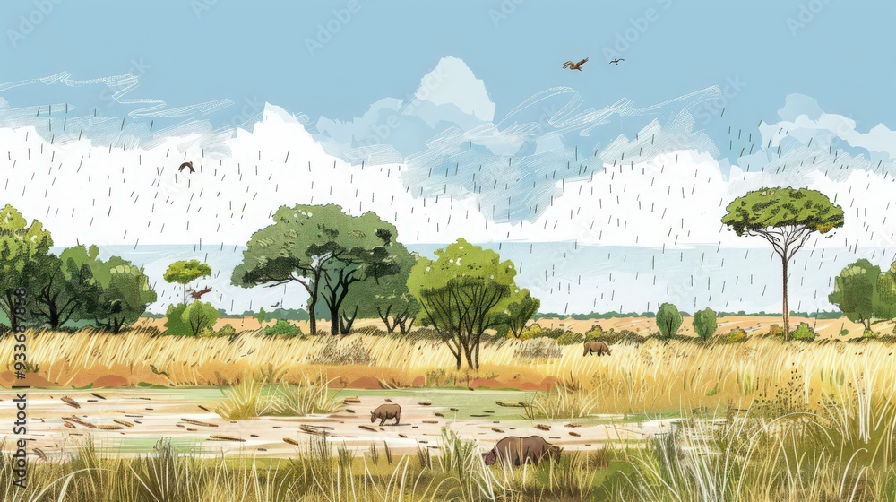 Detailed diagram of a savanna ecosystem, including grasslands