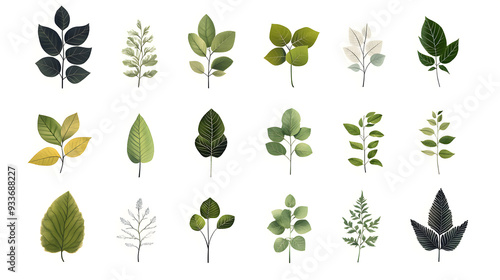 Wallpaper Mural Minimalistic illustration collection of different green leaves and plants isolated on white background	 Torontodigital.ca