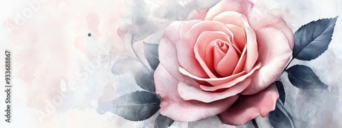 Pink rose blossom with foliage watercolor artwork