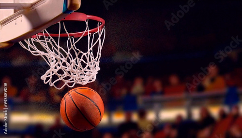 primer plano de balon entrando en cesto...Juego de basquetball. Escena deportiva