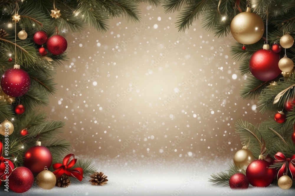 Festive Christmas Ornaments and Pine Branches with Snowfall Background Festive Christmas Ornaments and Pine Branches with Snowfall Background