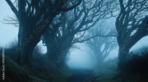 A misty morning at The Dark Hedges, with the eerie, atmospheric fog rolling through the twisted, ancient trees.