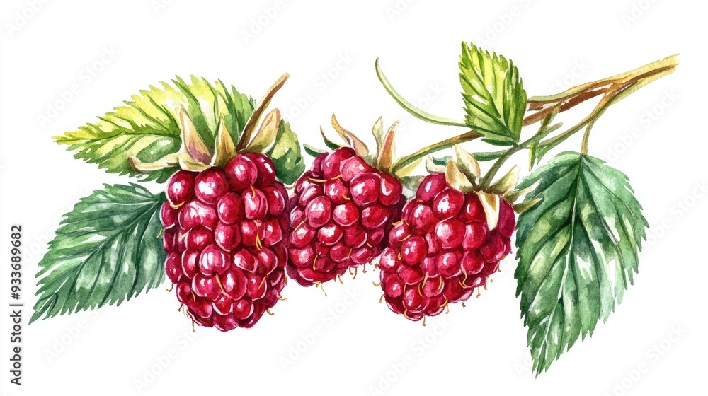 Ripe raspberries with green leaves on a white background illustrated in watercolor Ripe raspberries with green leaves on a white background illustrated in watercolor