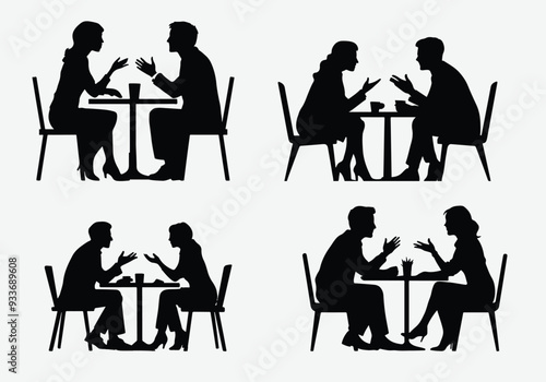 Silhouette of two business people in Deep Conversation at a Café .Businessman and Businesswoman meating silhouette 
