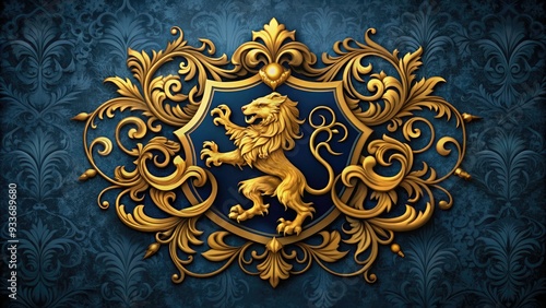 Ornate, golden medieval emblem with a regal lion and intricate scrollwork, set against a rich, dark blue background with subtle texture and ornamental flourishes. photo