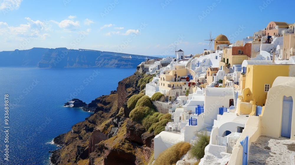 Naklejka premium A panoramic view of the white-washed buildings of Oia, Santorini, cascading down the cliffside toward the deep blue waters of the sea.