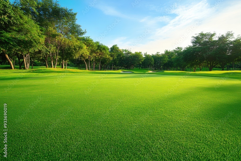 Naklejka premium Lush green golf course surrounded by trees under a bright blue sky.
