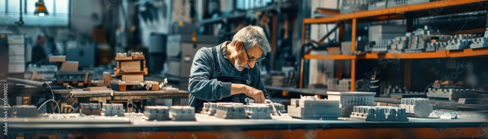 Craftsman working meticulously on detailed architectural models in a workshop filled with various building materials and shelves. Craftsman working meticulously on detailed architectural models in a workshop filled with various building materials and shelves.