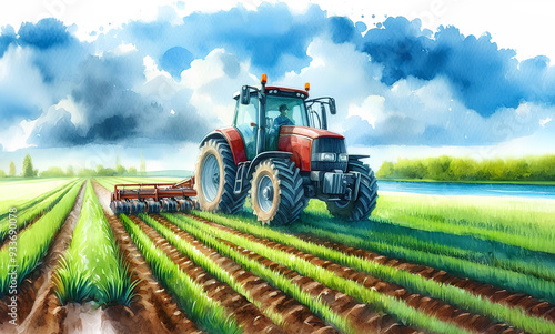 Watercolor illustration of a red tractor plowing a vast grain field under a beautiful sunset.