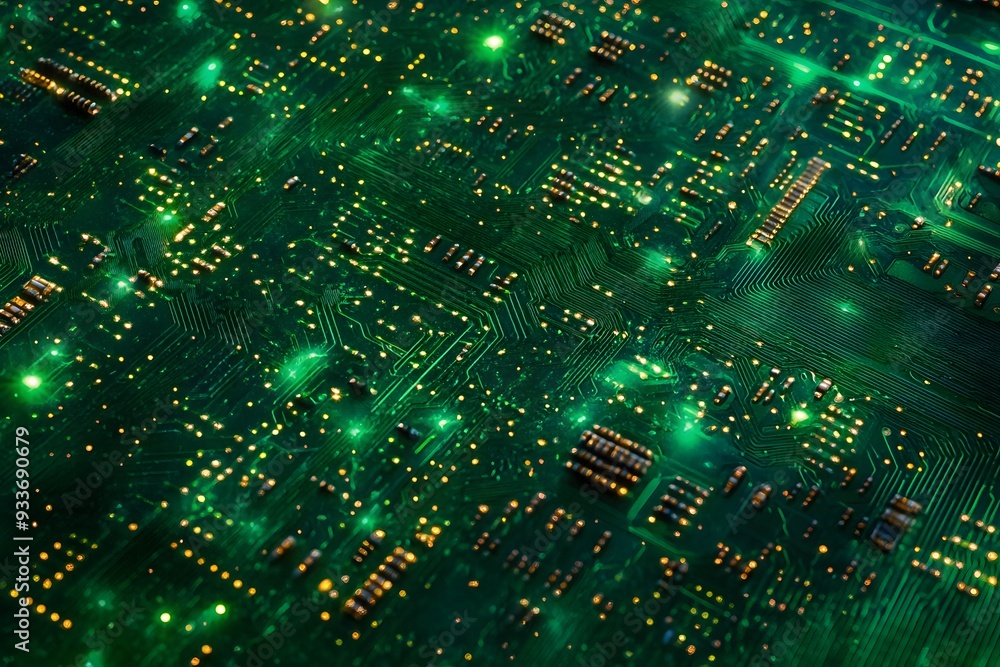 Green circuit board with intricate electronic components, perfect for technology-themed background Green circuit board with intricate electronic components, perfect for technology-themed background
