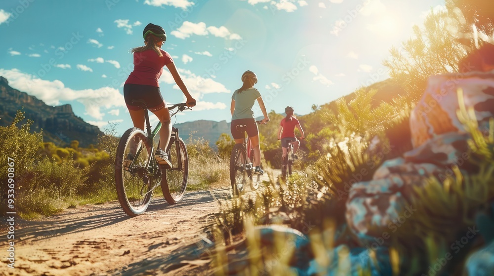 Fototapeta premium Group of cyclists riding on a scenic mountain trail during a sunny day, surrounded by lush nature and breathtaking landscapes.