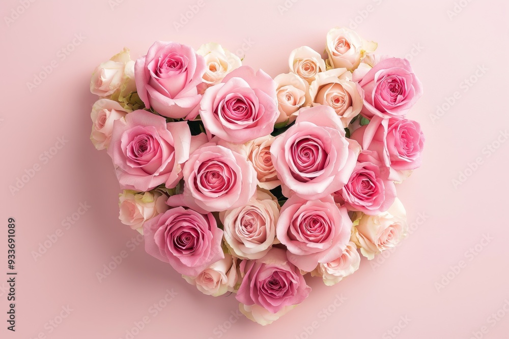 Heart shaped bouquet of pink roses on pink background, top view Heart shaped bouquet of pink roses on pink background, top view